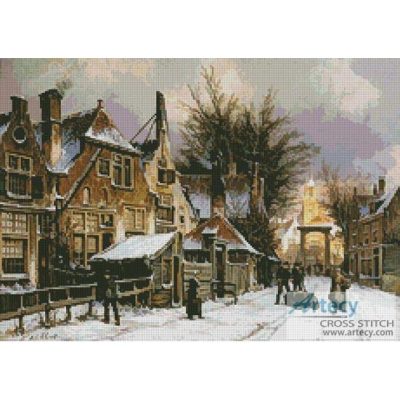A Townview with figures on a snow covered street (Art Renewal Centre)
