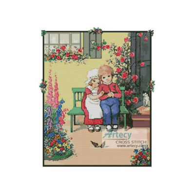 Children on a Bench (an antique print)