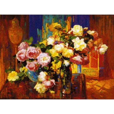 Roses in a Tall Glass Vase - Franz  Bischoff