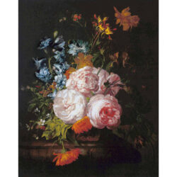 Roses, Marigolds, Hyacinths, and Other  Flowers on a Marble Ledge - Rachel Ruysch