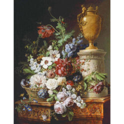 Still Life Of Flowers In A Basket by an  Alabaster Urn on a Marble Pedestal - Gerard Van Spaendonck