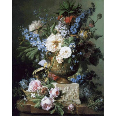 Flowers in an Alabaster Vase and in a  Basket, with a Bird's Nest - Gerard Van Spaendonck