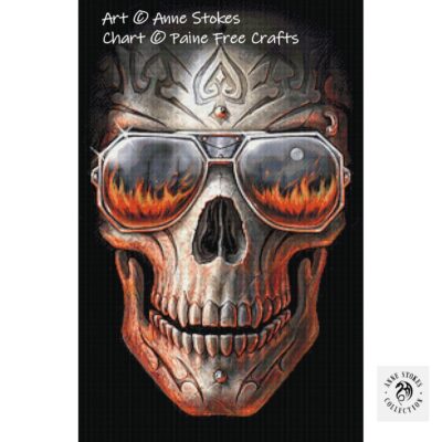 The image is of a flaming skull with sunglasses