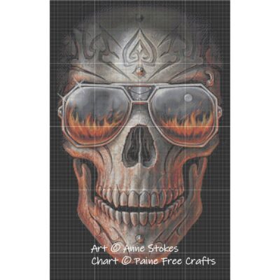 Image contains a flaming skull with sunglasses. A grid overlay shows the page layout
