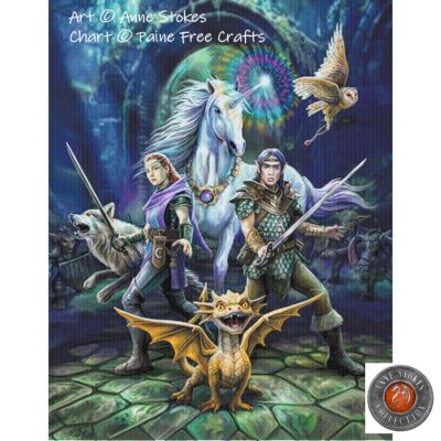 image shows two fantasy warriors, a unicorn and a baby dragon
