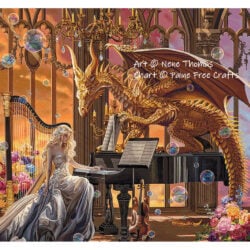 A mockup of a finsihed cross stitch design of an elegant golden dragon stands on a stately grand piano, as a beautiful lady plays it.